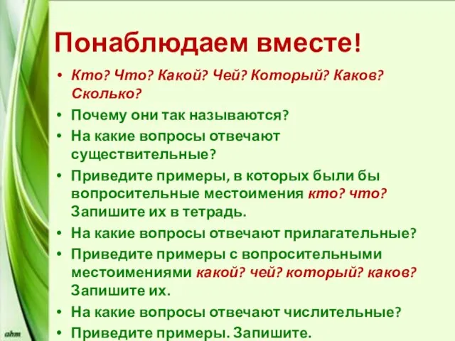 Понаблюдаем вместе! Кто? Что? Какой? Чей? Который? Каков? Сколько? Почему они так