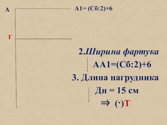 А 2.Ширина фартука АА1=(Сб:2)+6 3. Длина нагрудника Дн = 15 см А1= (Сб:2)+6  (·)Т Т
