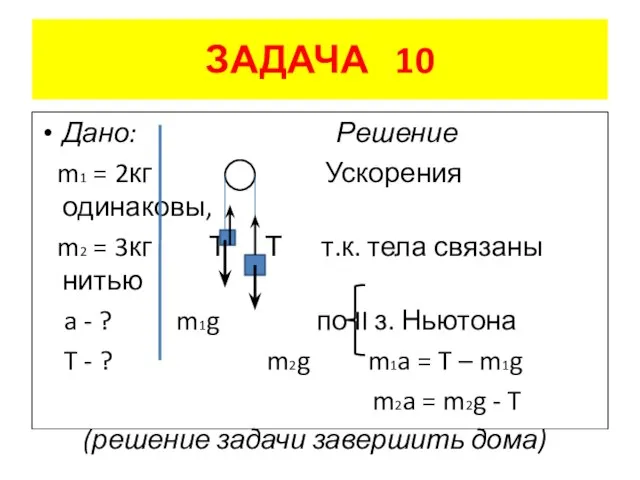 ЗАДАЧА 10 Дано: Решение m1 = 2кг Ускорения одинаковы, m2 = 3кг