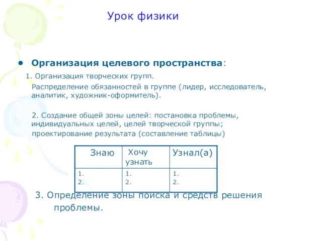 Урок физики Организация целевого пространства: 1. Организация творческих групп. Распределение обязанностей в