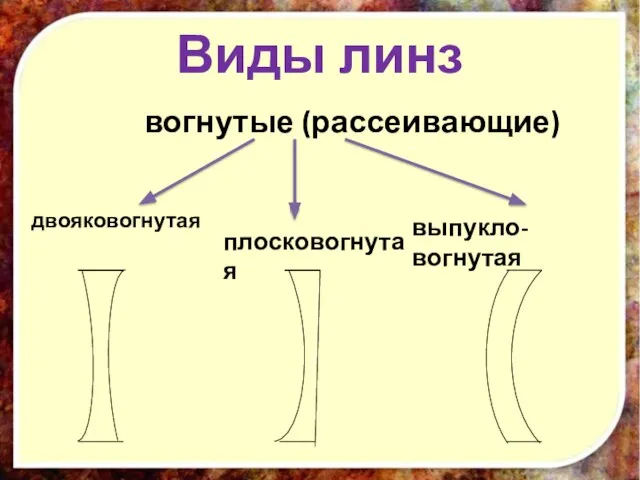 Виды линз двояковогнутая плосковогнутая выпукло-вогнутая вогнутые (рассеивающие)