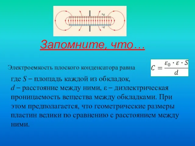 Электроемкость плоского конденсатора равна где S – площадь каждой из обкладок, d