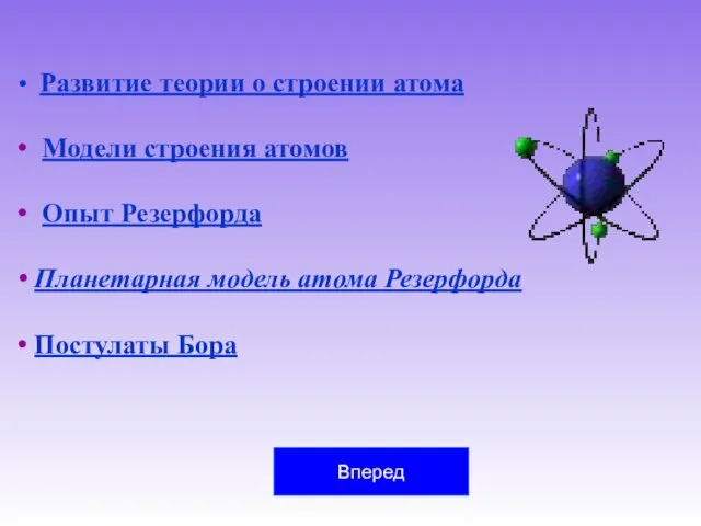 Развитие теории о строении атома Модели строения атомов Опыт Резерфорда Планетарная модель