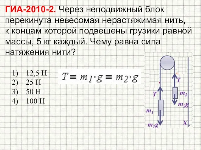 ГИА-2010-2. Через неподвижный блок перекинута невесомая нерастяжимая нить, к концам которой подвешены