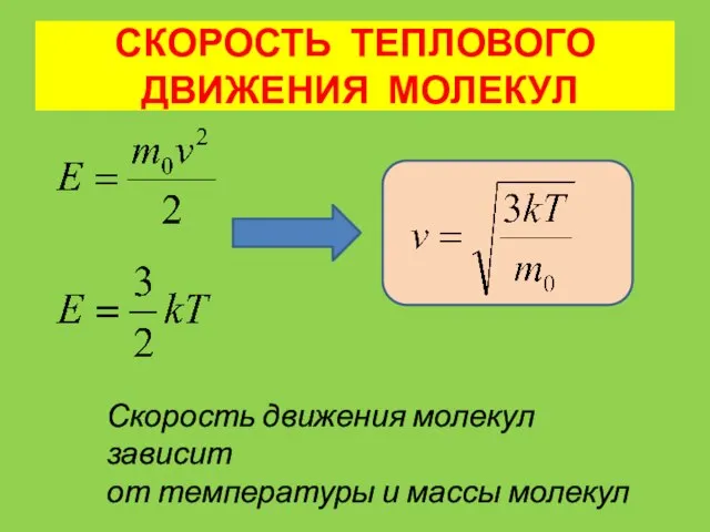 СКОРОСТЬ ТЕПЛОВОГО ДВИЖЕНИЯ МОЛЕКУЛ Скорость движения молекул зависит от температуры и массы молекул