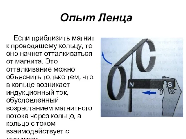 Опыт Ленца Если приблизить магнит к проводящему кольцу, то оно начнет отталкиваться