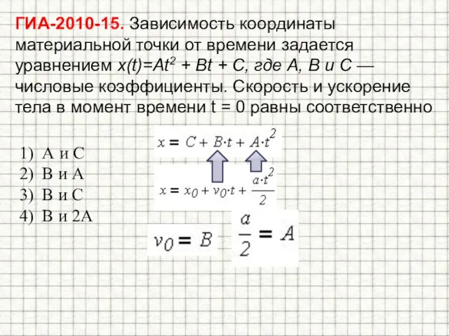 ГИА-2010-15. Зависимость координаты материальной точки от времени задается уравнением x(t)=At2 + Bt