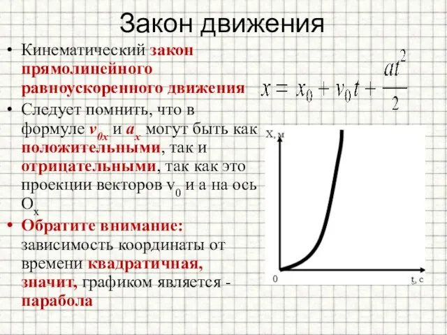 Закон движения Кинематический закон прямолинейного равноускоренного движения Следует помнить, что в формуле