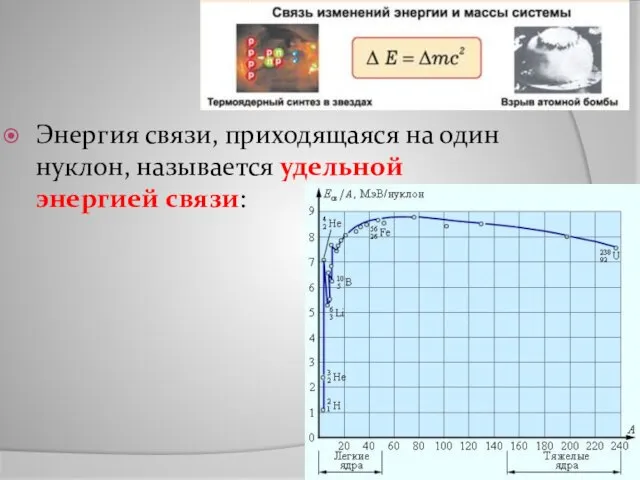 Энергия связи, приходящаяся на один нуклон, называется удельной энергией связи: