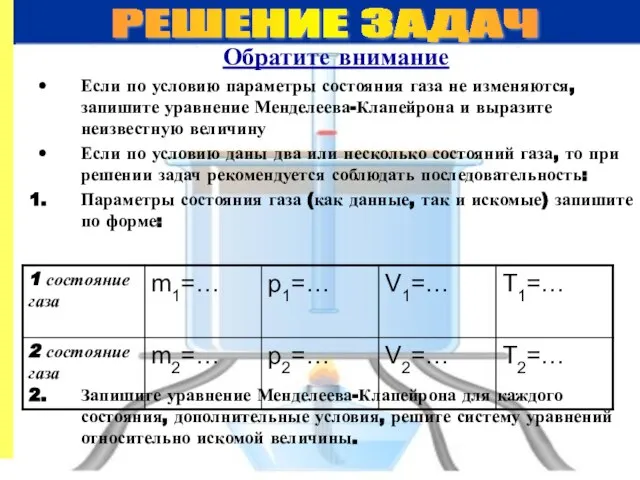 Обратите внимание Если по условию параметры состояния газа не изменяются, запишите уравнение