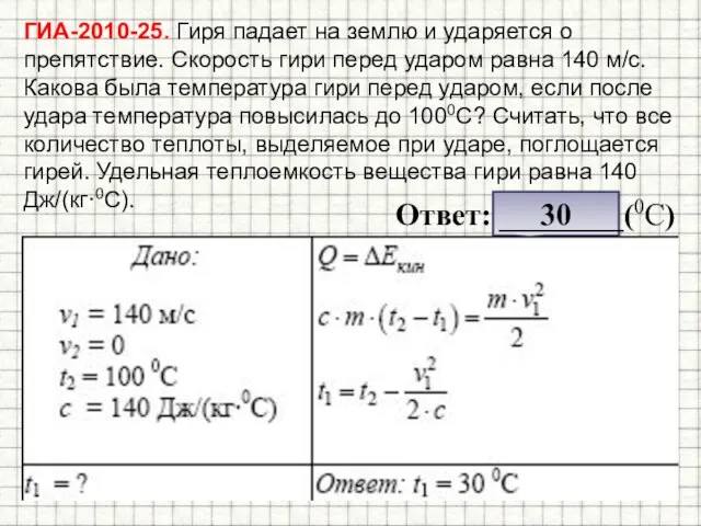 ГИА-2010-25. Гиря падает на землю и ударяется о препятствие. Скорость гири перед