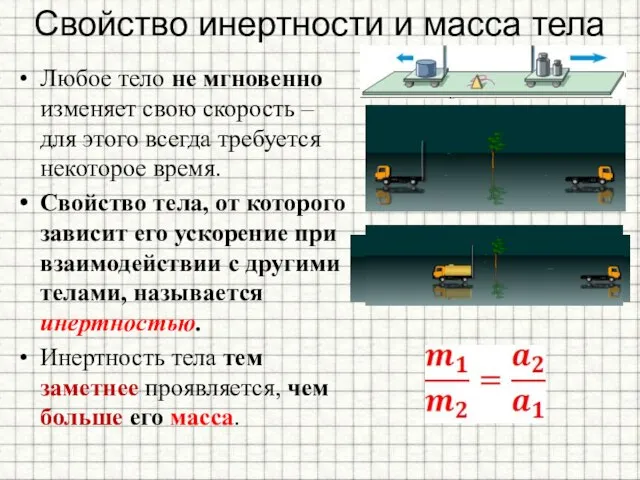 Свойство инертности и масса тела Любое тело не мгновенно изменяет свою скорость