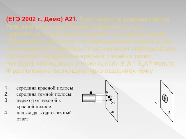 (ЕГЭ 2002 г., Демо) А21. Если осветить красным светом лазерной указки два