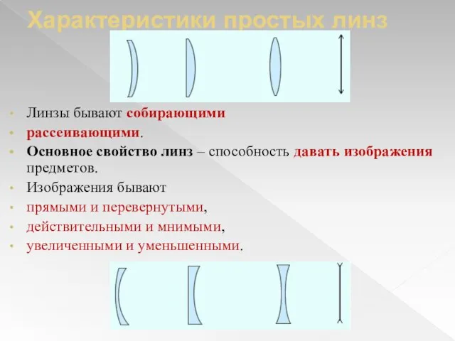 Характеристики простых линз Линзы бывают собирающими рассеивающими. Основное свойство линз – способность