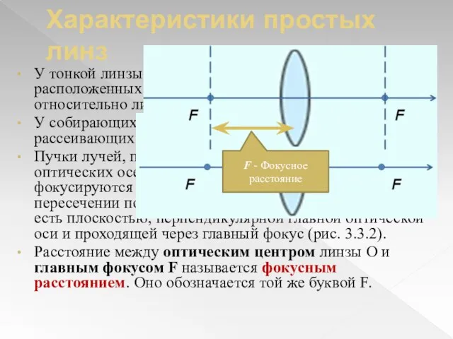 Характеристики простых линз У тонкой линзы имеются два главных фокуса, расположенных симметрично