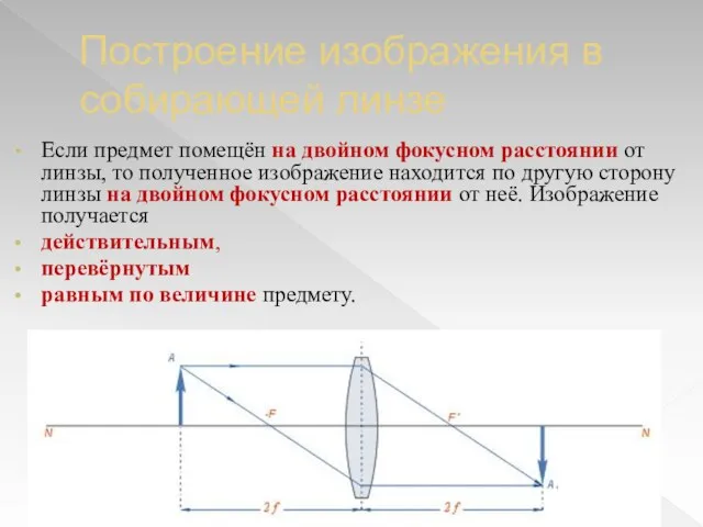 Построение изображения в собирающей линзе Если предмет помещён на двойном фокусном расстоянии