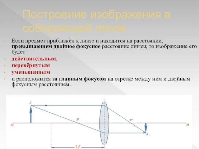 Построение изображения в собирающей линзе Если предмет приближён к линзе и находится