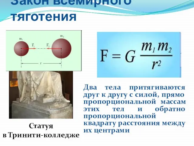 Закон всемирного тяготения Статуя в Тринити-колледже Два тела притягиваются друг к другу