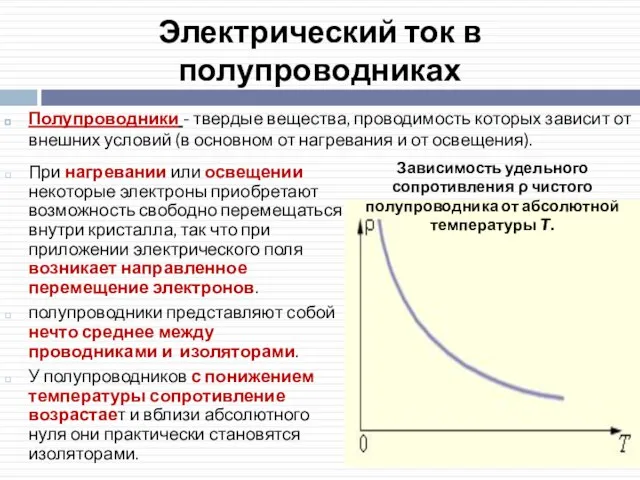 Электрический ток в полупроводниках При нагревании или освещении некоторые электроны приобретают возможность