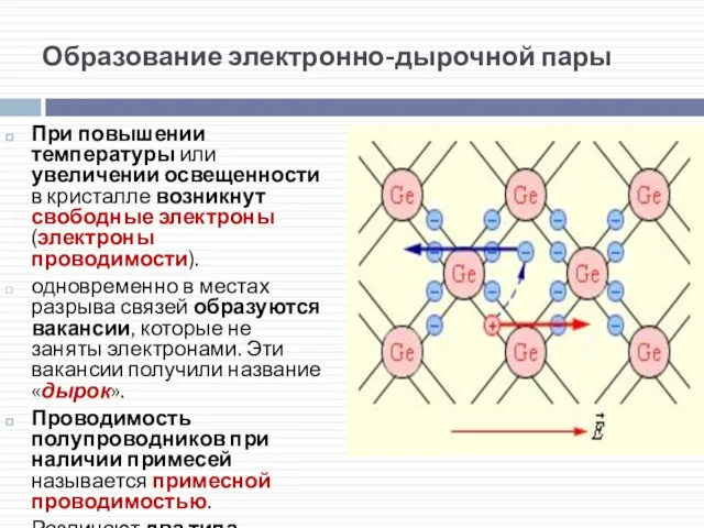 Образование электронно-дырочной пары При повышении температуры или увеличении освещенности в кристалле возникнут