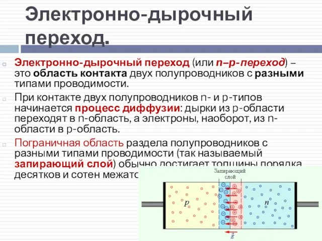 Электронно-дырочный переход. Электронно-дырочный переход (или n–p-переход) – это область контакта двух полупроводников