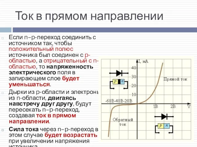 Ток в прямом направлении Если n–p-переход соединить с источником так, чтобы положительный