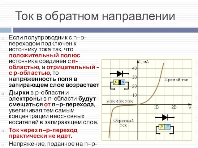 Ток в обратном направлении Если полупроводник с n–p-переходом подключен к источнику тока