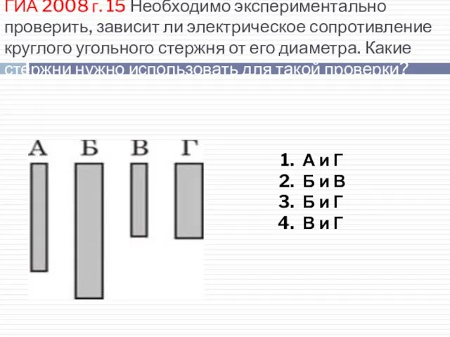 ГИА 2008 г. 15 Необходимо экспериментально проверить, зависит ли электрическое сопротивление круглого