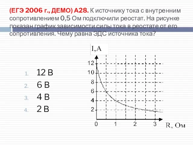 (ЕГЭ 2006 г., ДЕМО) А28. К источнику тока с внутренним сопротивлением 0,5