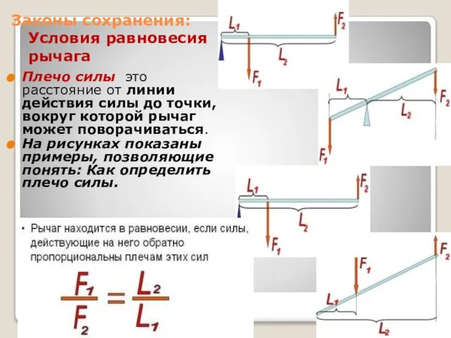 Законы сохранения: Условия равновесия рычага Плечо силы это расстояние от линии действия