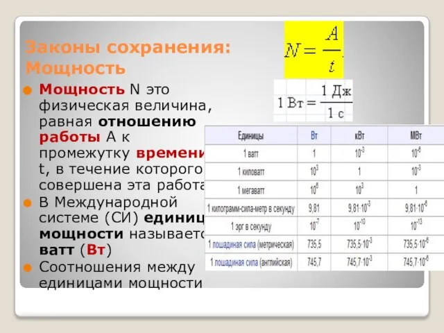 Законы сохранения: Мощность Мощность N это физическая величина, равная отношению работы A