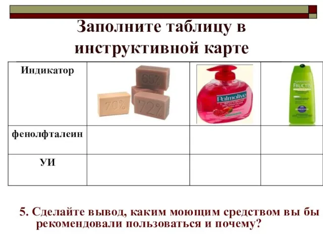 Заполните таблицу в инструктивной карте 5. Сделайте вывод, каким моющим средством вы