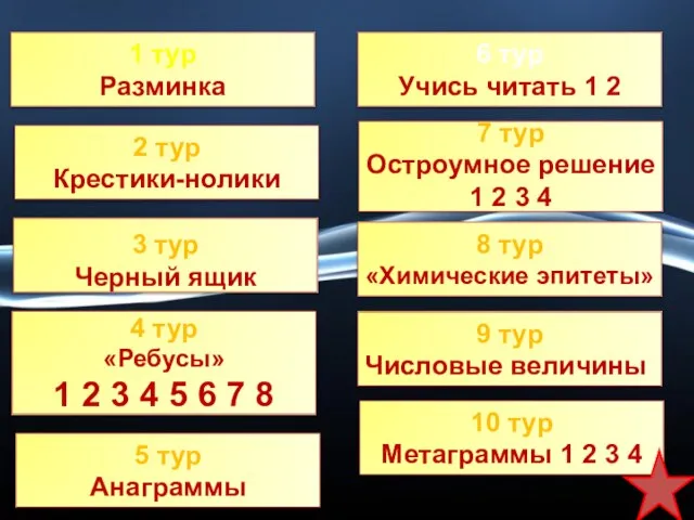 1 тур Разминка 3 тур Черный ящик 9 тур Числовые величины 5