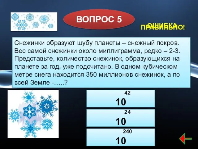 ВОПРОС 5 Снежинки образуют шубу планеты – снежный покров. Вес самой снежинки