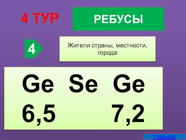 РЕБУСЫ 4 ТУР 4 Жители страны, местности, города Ge Se Ge 6,5 7,2 главная