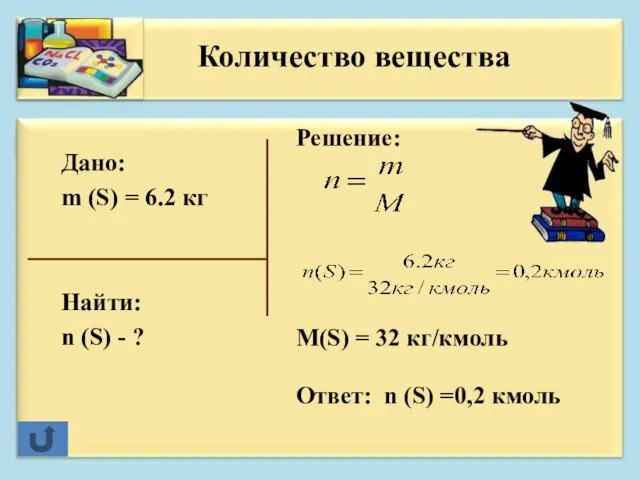 Дано: m (S) = 6.2 кг Найти: n (S) - ? Решение: