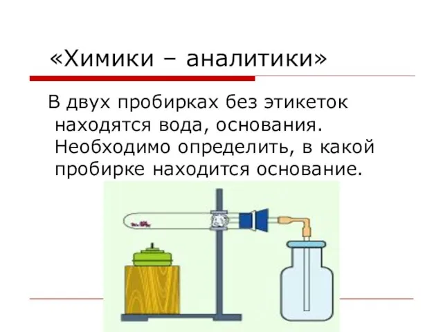 «Химики – аналитики» В двух пробирках без этикеток находятся вода, основания. Необходимо