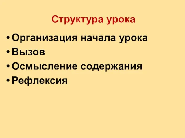 Структура урока Организация начала урока Вызов Осмысление содержания Рефлексия