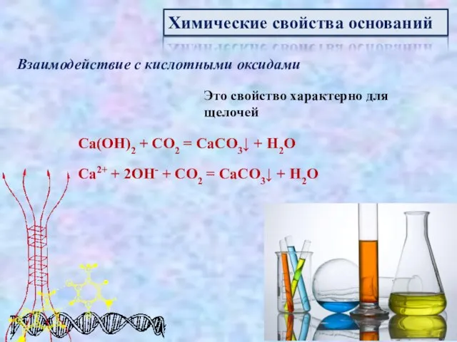 Химические свойства оснований Взаимодействие с кислотными оксидами Это свойство характерно для щелочей