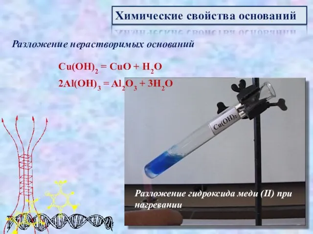 Химические свойства оснований Разложение нерастворимых оснований Cu(OH)2 = CuO + H2O 2Al(OH)3