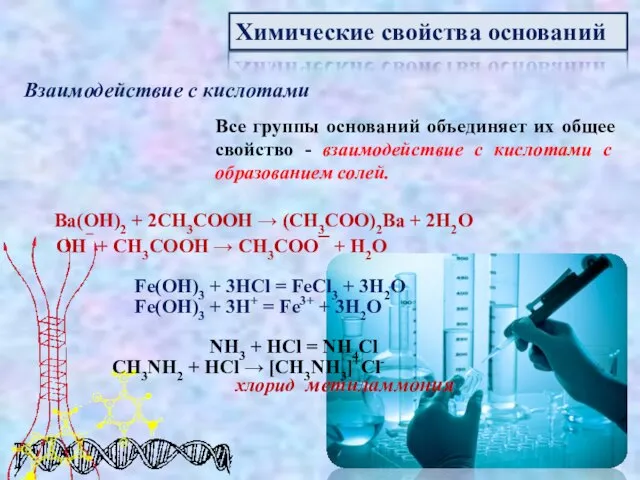 Химические свойства оснований Взаимодействие с кислотами Все группы оснований объединяет их общее