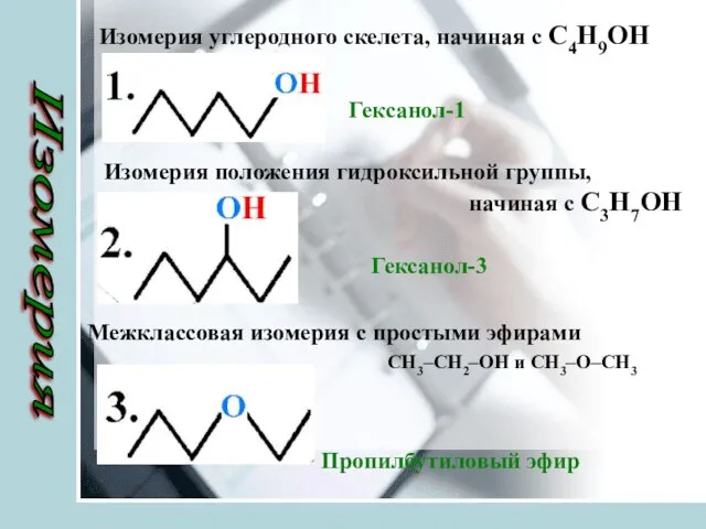 Гексанол-1 Гексанол-3 Пропилбутиловый эфир Изомерия Изомерия углеродного скелета, начиная с C4H9OH Изомерия