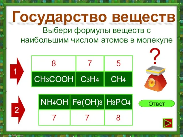 Государство веществ CH3COOH C3H4 CH4 Выбери формулы веществ с наибольшим числом атомов