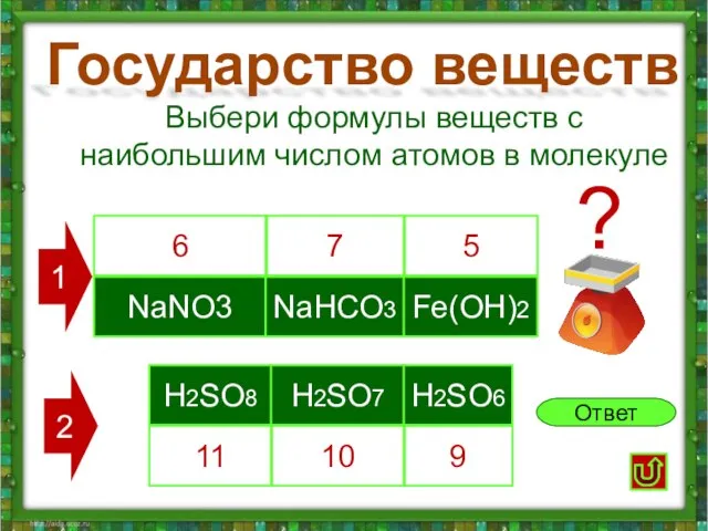 Государство веществ NaNO3 NaHCO3 Fe(OH)2 Выбери формулы веществ с наибольшим числом атомов