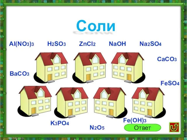 Соли Al(NO3)3 ZnCl2 Na2SO4 NaOH CaCO3 FeSO4 BaCO3 H2SO3 K3PO4 N2O5 Fe(OH)3 Ответ