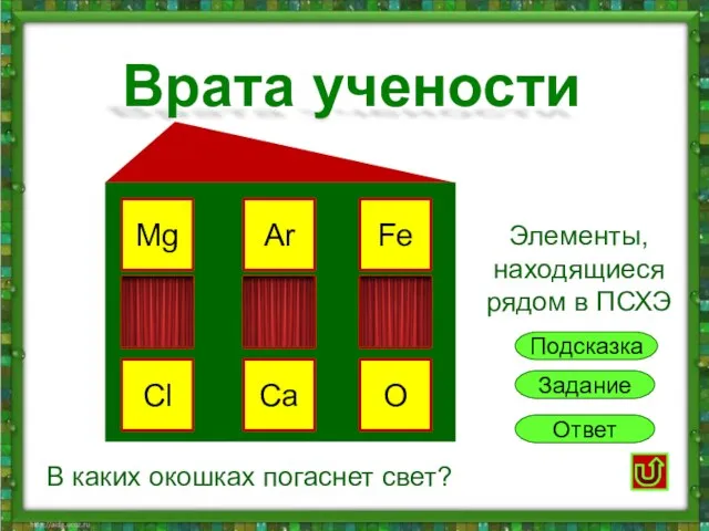 Задание Ответ Mg Ar Fe Na O Ca Cl Li K В