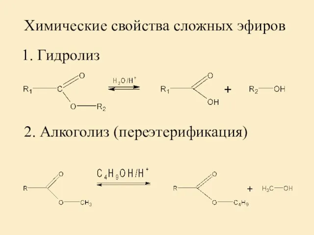 Химические свойства сложных эфиров 1. Гидролиз 2. Алкоголиз (переэтерификация)