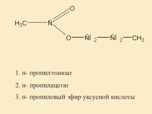 2. н- пропилацетат 1. н- пропилэтаноат 3. н- пропиловый эфир уксусной кислоты
