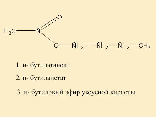 2. н- бутилацетат 1. н- бутилэтаноат 3. н- бутиловый эфир уксусной кислоты