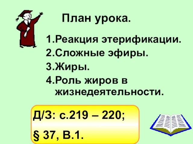 План урока. Реакция этерификации. Сложные эфиры. Жиры. Роль жиров в жизнедеятельности. Д/З: